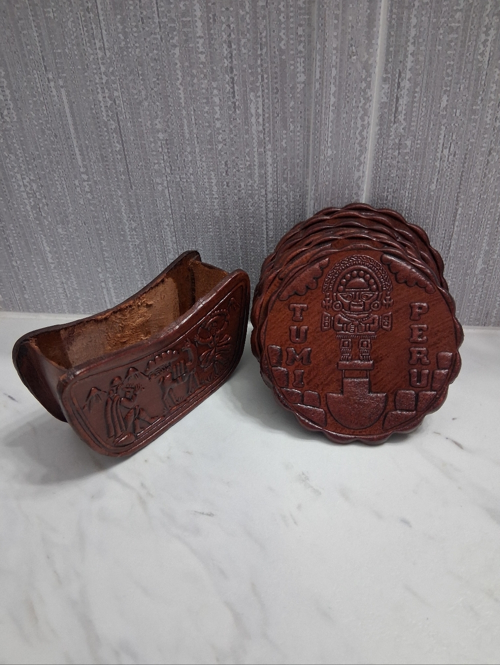 Vintage Hand-tooled Leather Coasters From Peru Artisan Handmade Set Of Six - Picture 3 of 10